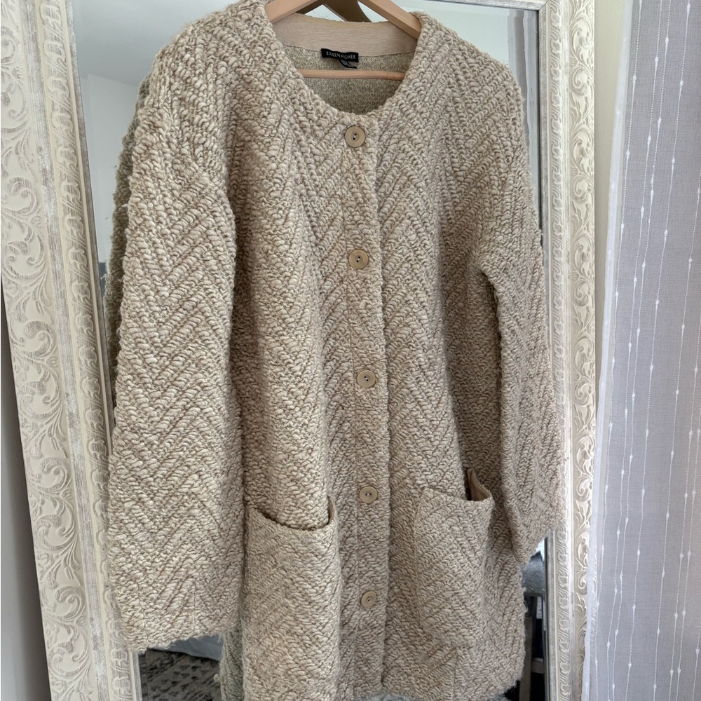 Eileen Fisher Textured Wool, Acrylic and Alpaca Cream Sweater Coat